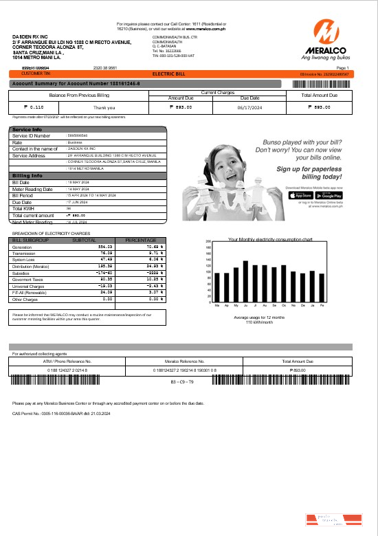 Philippines Meralco electricity business utility bill template in Word and PDF formats